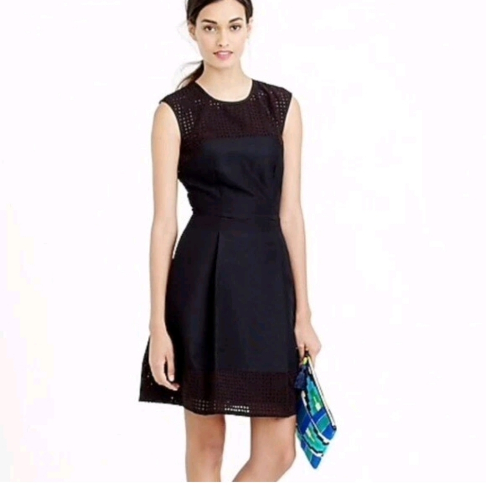 J Crew Black Perforated Grass Green Fit Flare Dress 0p nwt